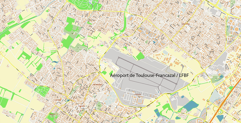 Toulouse France Map Vector Exact High Detailed Street Map editable Adobe Illustrator in layers