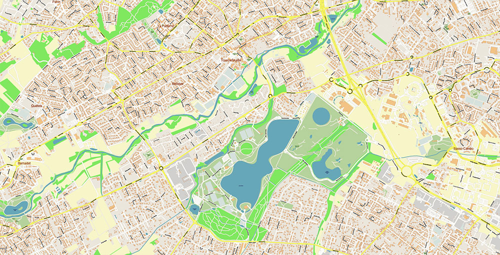 Toulouse France Map Vector Exact High Detailed Street Map editable Adobe Illustrator in layers
