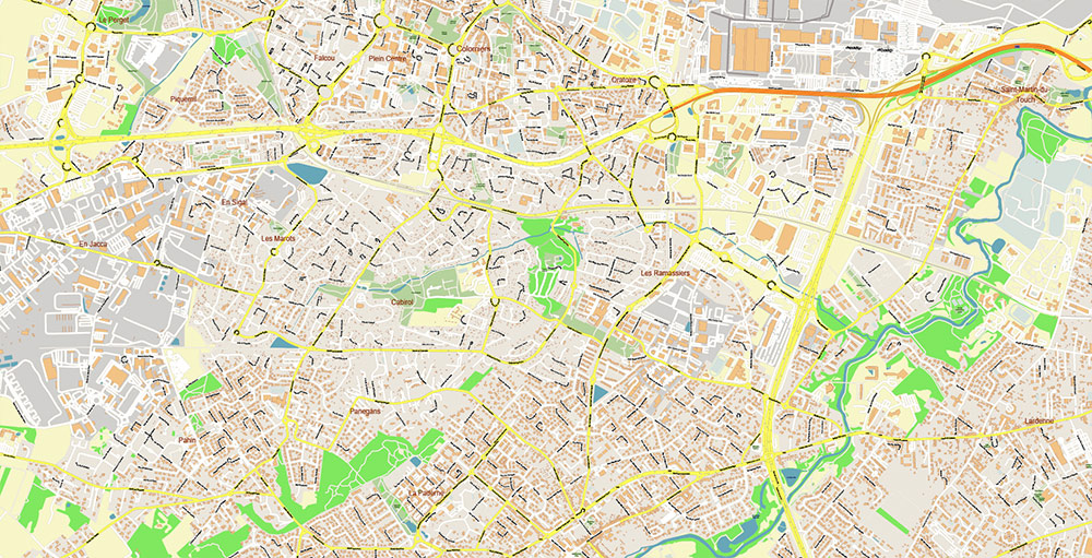 Toulouse France Map Vector Exact High Detailed Street Map editable Adobe Illustrator in layers