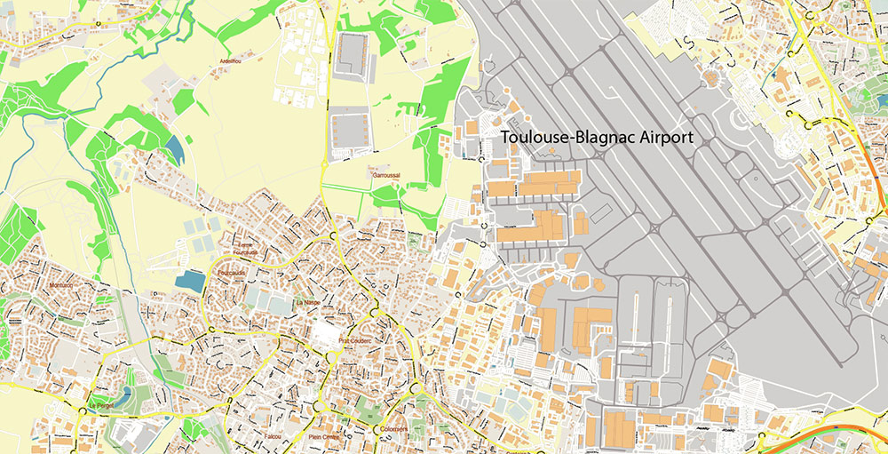 Toulouse France Map Vector Exact High Detailed Street Map editable Adobe Illustrator in layers