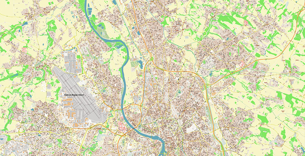 Toulouse France Map Vector Exact High Detailed Street Map editable Adobe Illustrator in layers