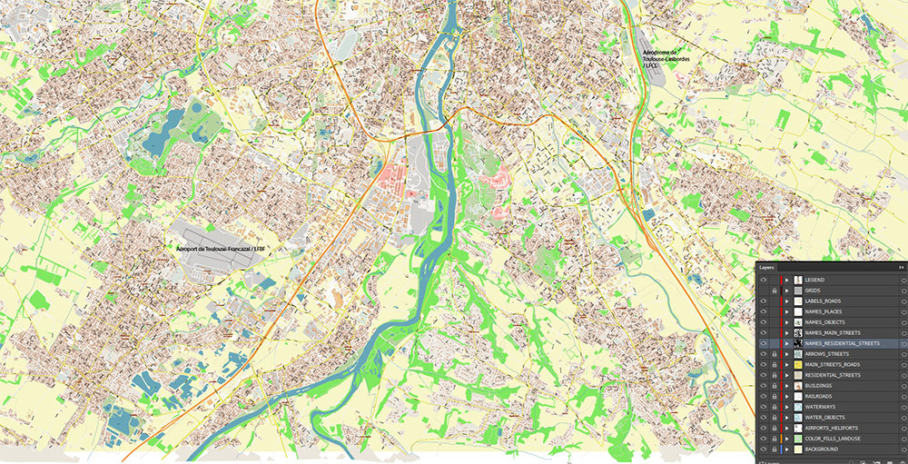 Toulouse France Map Vector Exact High Detailed Street Map editable Adobe Illustrator in layers