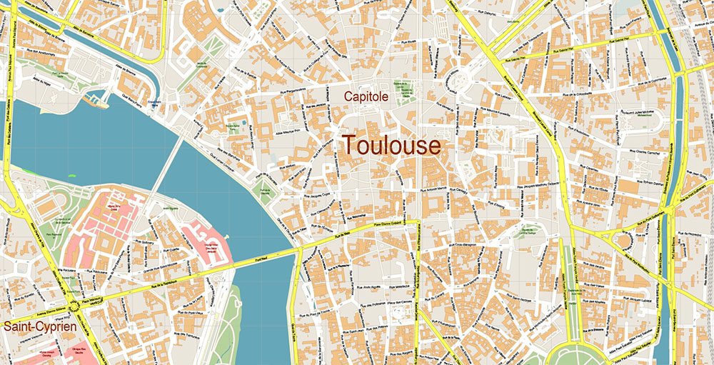 Toulouse France Map Vector Exact High Detailed Street Map editable Adobe Illustrator in layers