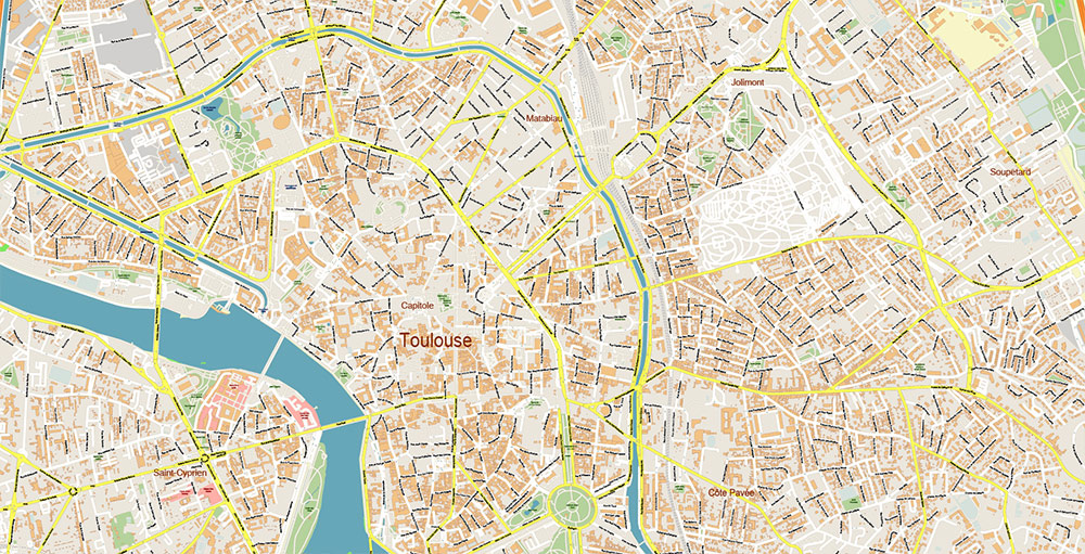 Toulouse France Map Vector Exact High Detailed Street Map editable Adobe Illustrator in layers