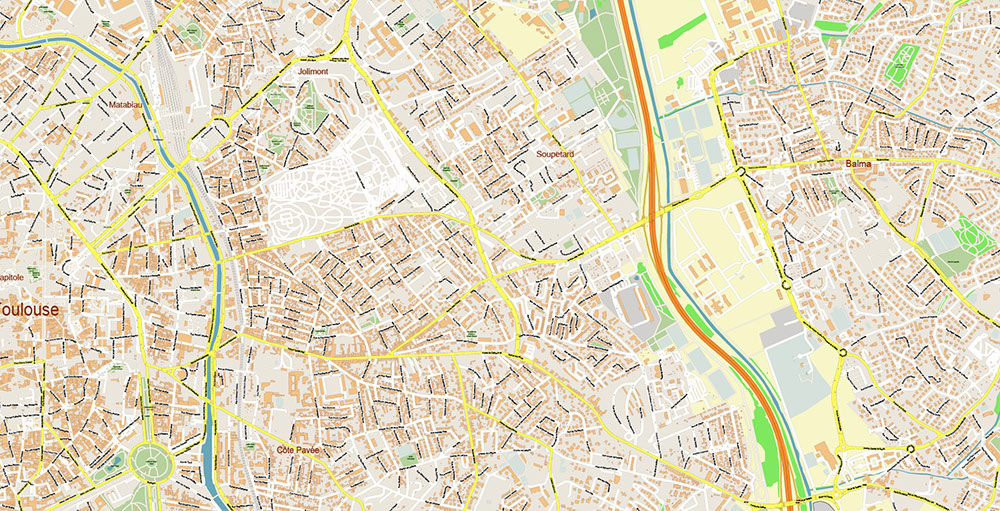 Toulouse France Map Vector Exact High Detailed Street Map editable Adobe Illustrator in layers