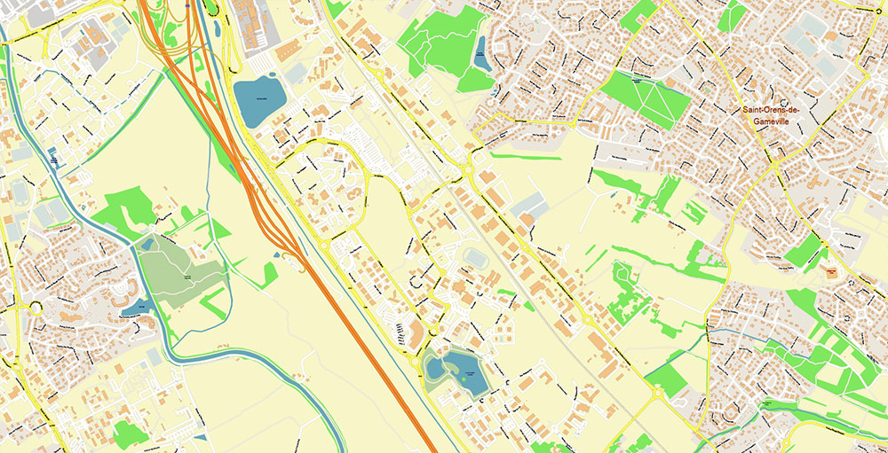 Toulouse France Map Vector Exact High Detailed Street Map editable Adobe Illustrator in layers