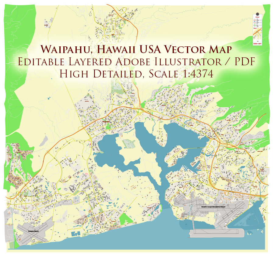 Waipahu, Hawaii USA Map Vector Exact High Detailed Street Map editable Adobe Illustrator in layers