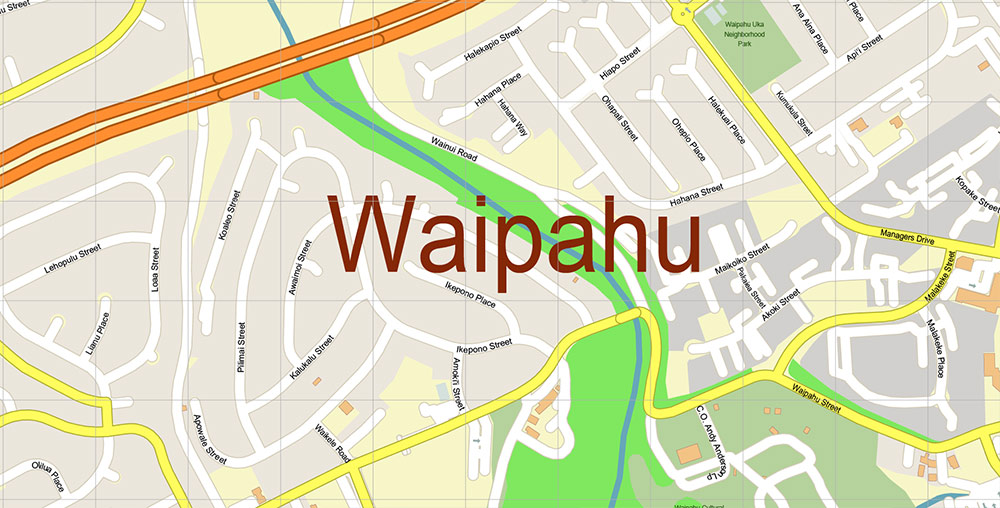 Waipahu, Hawaii USA Map Vector Exact High Detailed Street Map editable Adobe Illustrator in layers