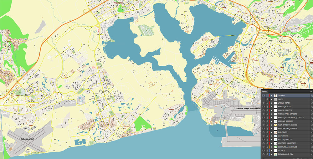 Waipahu, Hawaii USA Map Vector Exact High Detailed Street Map editable Adobe Illustrator in layers