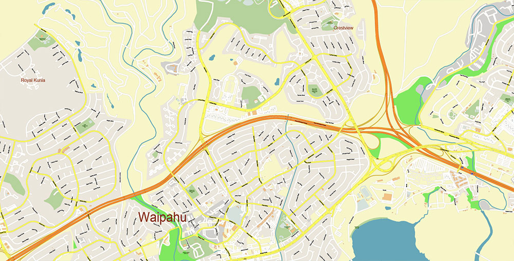 Waipahu, Hawaii USA Map Vector Exact High Detailed Street Map editable Adobe Illustrator in layers