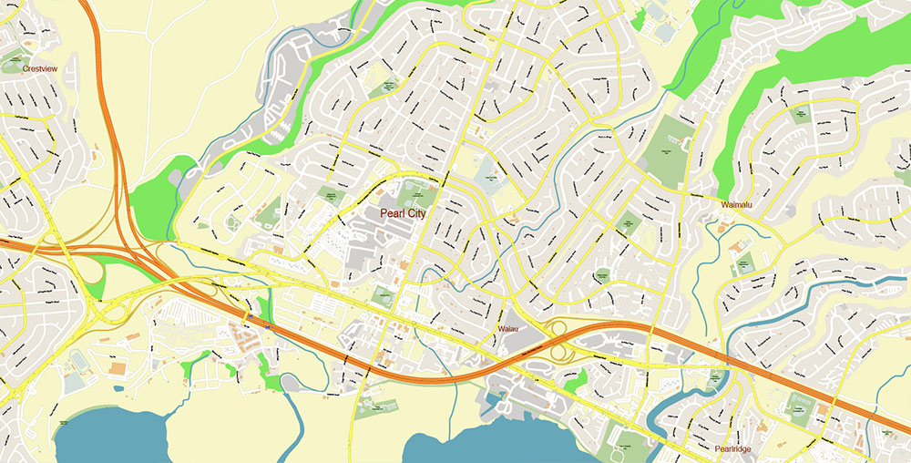 Waipahu, Hawaii USA Map Vector Exact High Detailed Street Map editable Adobe Illustrator in layers