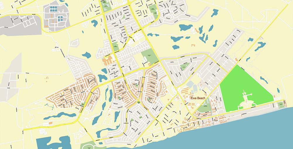 Waipahu, Hawaii USA Map Vector Exact High Detailed Street Map editable Adobe Illustrator in layers