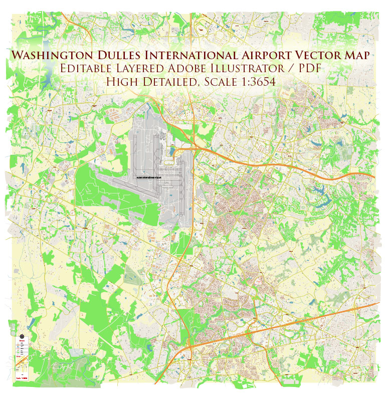Washington Dulles International Airport Map Vector Exact High Detailed Street Map editable Adobe Illustrator in layers