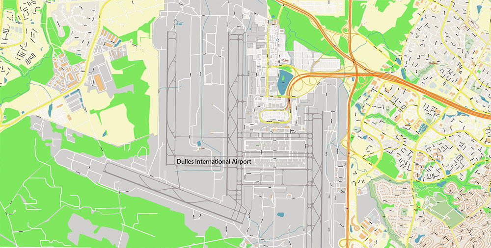 Washington Dulles International Airport Map Vector Exact High Detailed Street Map editable Adobe Illustrator in layers