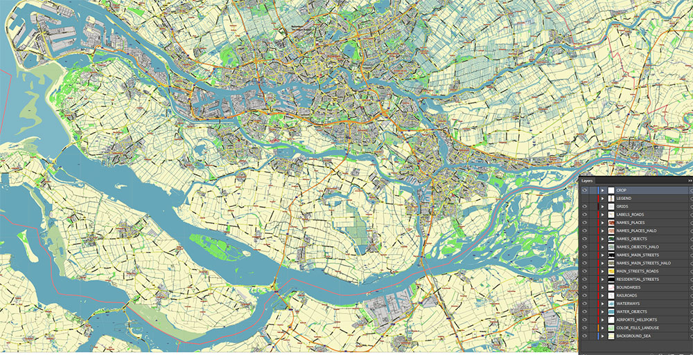 Zuid-Holland Zuid Netherlands Map Vector Exact Low Detailed Street Map editable Adobe Illustrator in layers