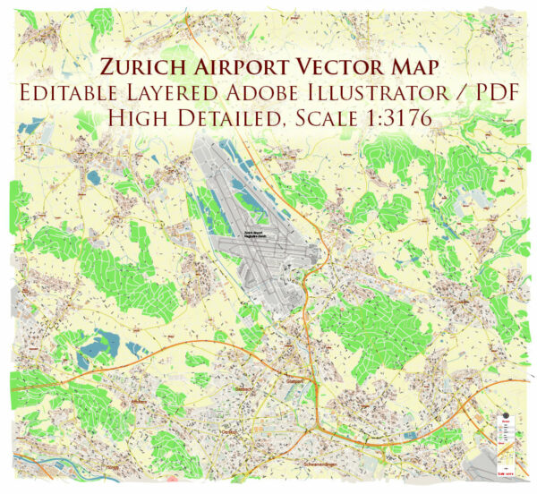 Zurich International Airport Map Vector Exact High Detailed Street Map editable Adobe Illustrator in layers