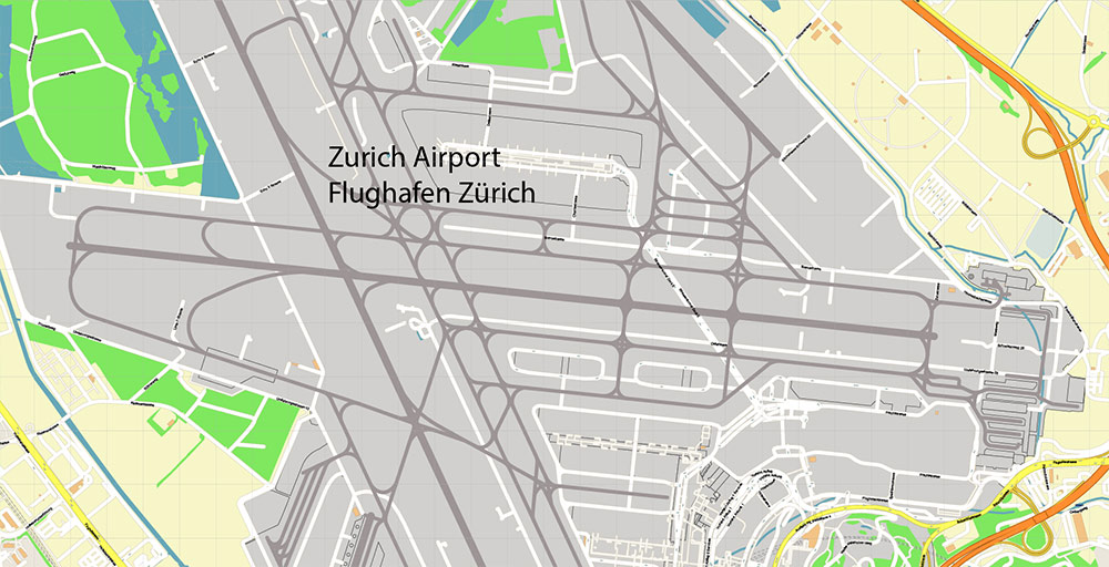 Zurich International Airport Map Vector Exact High Detailed Street Map editable Adobe Illustrator in layers