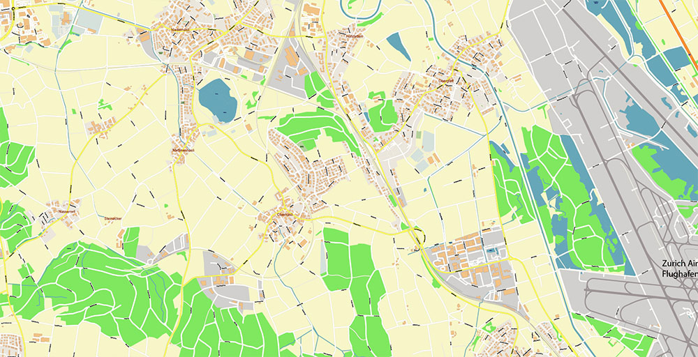 Zurich International Airport Map Vector Exact High Detailed Street Map editable Adobe Illustrator in layers