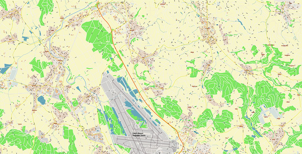 Zurich International Airport Map Vector Exact High Detailed Street Map editable Adobe Illustrator in layers
