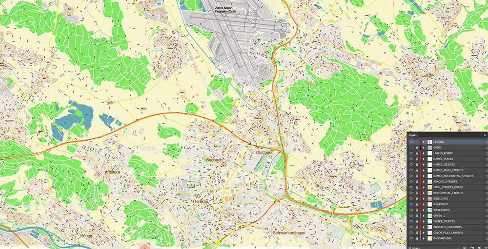 Zurich International Airport Map Vector Exact High Detailed Street Map editable Adobe Illustrator in layers