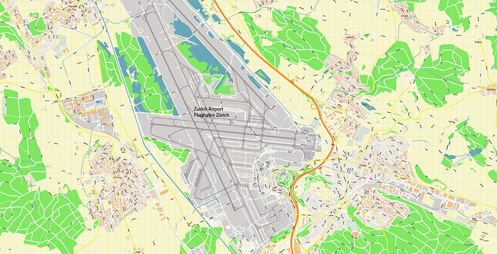 Zurich International Airport Map Vector Exact High Detailed Street Map editable Adobe Illustrator in layers