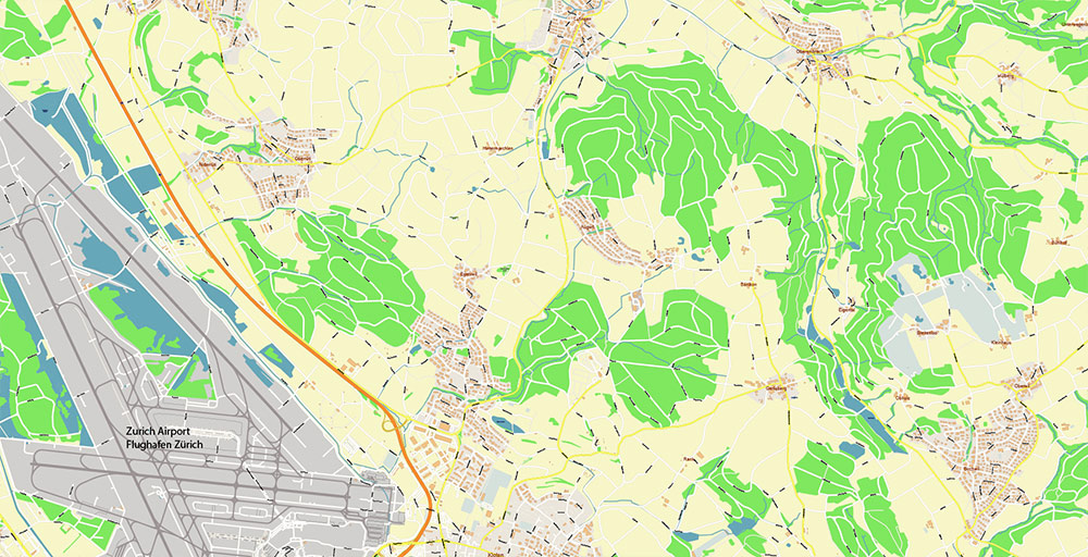 Zurich International Airport Map Vector Exact High Detailed Street Map editable Adobe Illustrator in layers