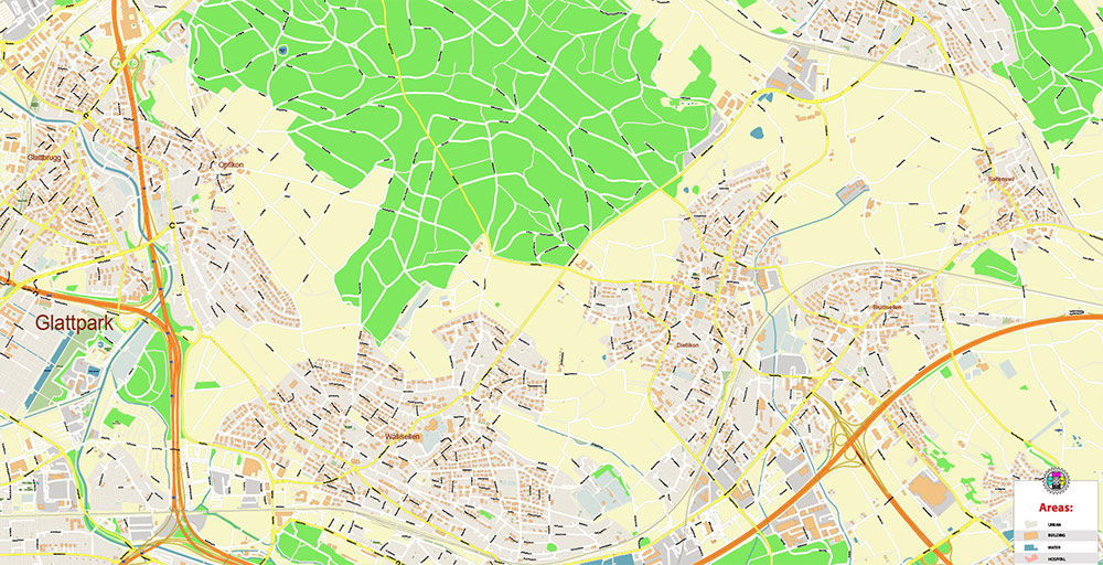 Zurich International Airport Map Vector Exact High Detailed Street Map editable Adobe Illustrator in layers