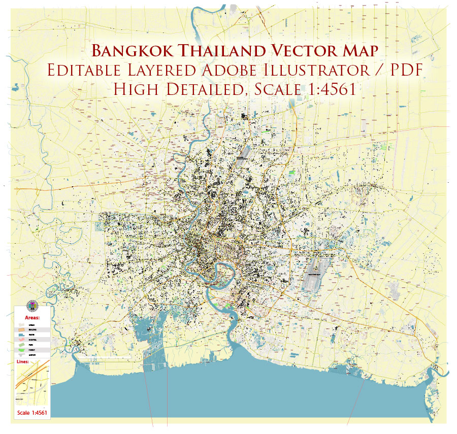 Bangkok Thailand Vector Map Exact High Detailed Street Map editable Adobe Illustrator in layers