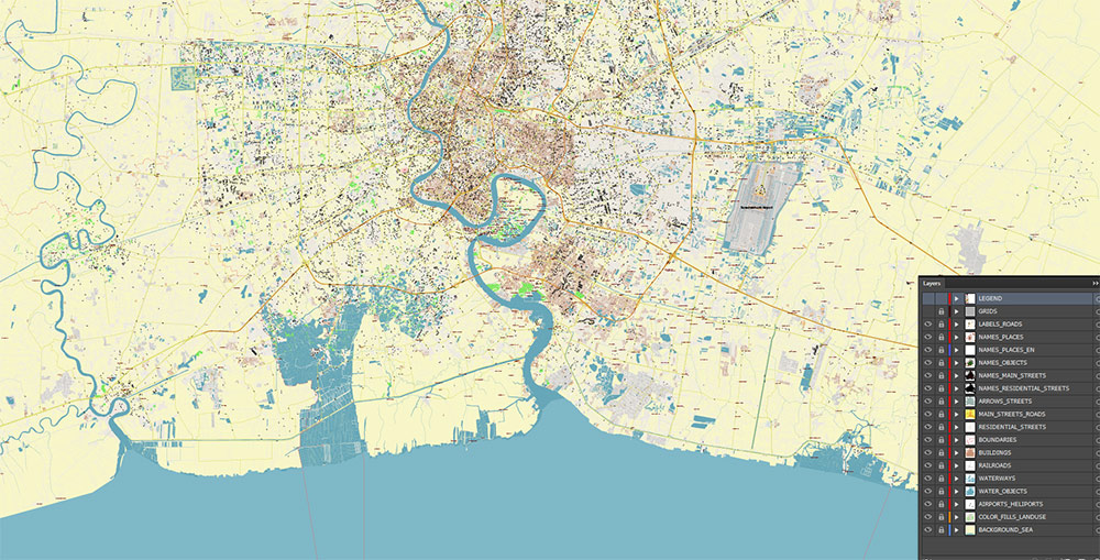 Bangkok Thailand Vector Map Exact High Detailed Street Map editable Adobe Illustrator in layers