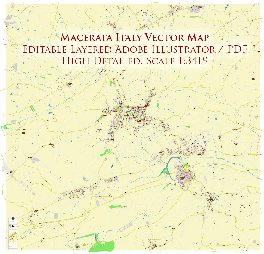 Macerata Italy Map Vector Exact High Detailed Street Map editable Adobe Illustrator in layers