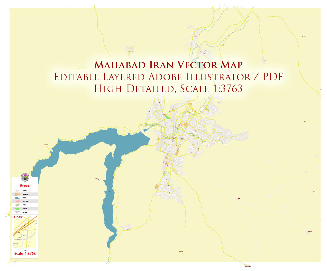 Mahabad Iran Vector Map Exact High Detailed Street Map editable Adobe Illustrator in layers