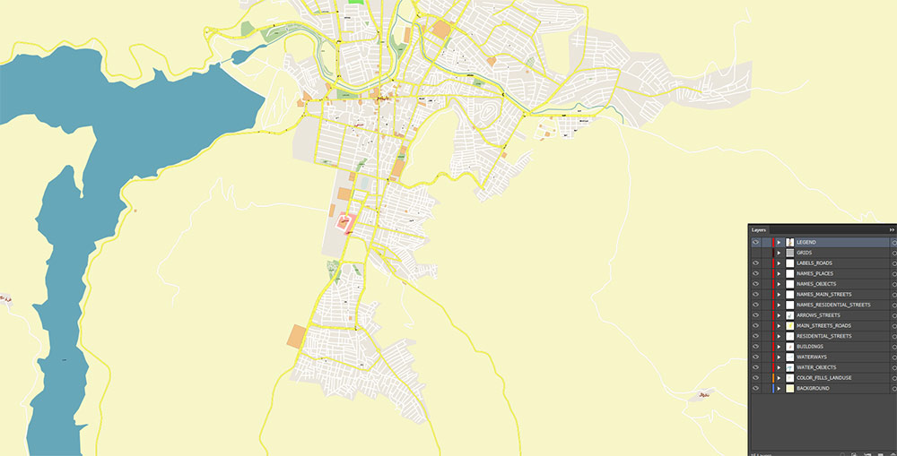 Mahabad Iran Vector Map Exact High Detailed Street Map editable Adobe Illustrator in layers