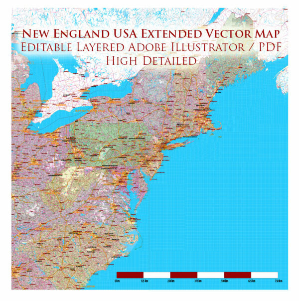 New England States US Map Vector Exact Extended High Detailed Road Map + Counties + zip-codes areas editable Adobe Illustrator in layers