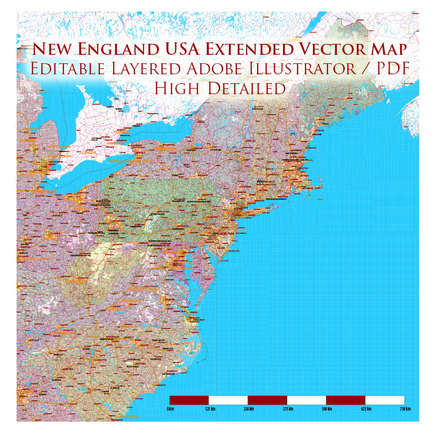 New England States US Map Vector Exact Extended High Detailed Road Map + Counties + zip-codes areas editable Adobe Illustrator in layers