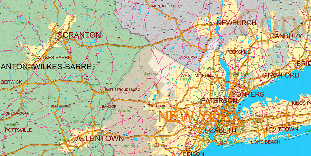 New England States US Map Vector Exact Extended High Detailed Road Map + Counties + zip-codes areas editable Adobe Illustrator in layers