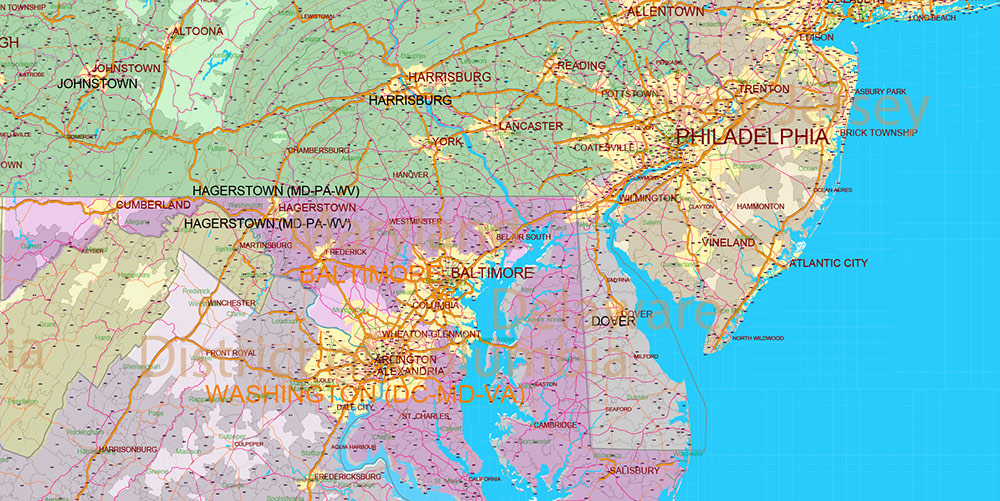 New England States US Map Vector Exact Extended High Detailed Road Map + Counties + zip-codes areas editable Adobe Illustrator in layers
