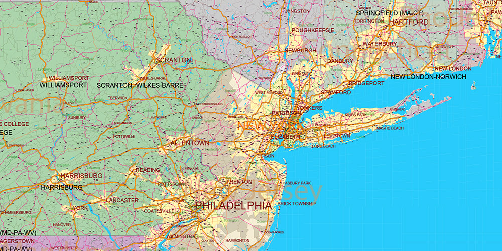 New England States US Map Vector Exact Extended High Detailed Road Map + Counties + zip-codes areas editable Adobe Illustrator in layers