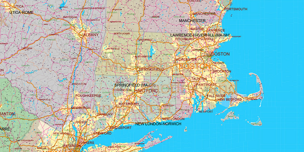 New England States US Map Vector Exact Extended High Detailed Road Map + Counties + zip-codes areas editable Adobe Illustrator in layers
