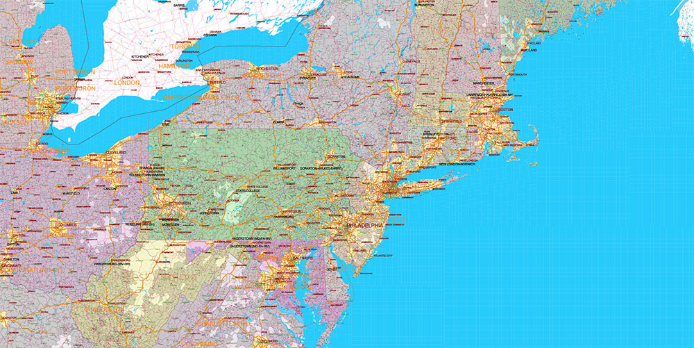 New England States US Map Vector Exact Extended High Detailed Road Map + Counties + zip-codes areas editable Adobe Illustrator in layers