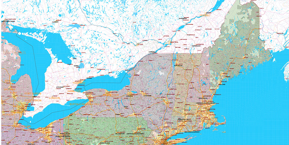 New England States US Map Vector Exact Extended High Detailed Road Map + Counties + zip-codes areas editable Adobe Illustrator in layers