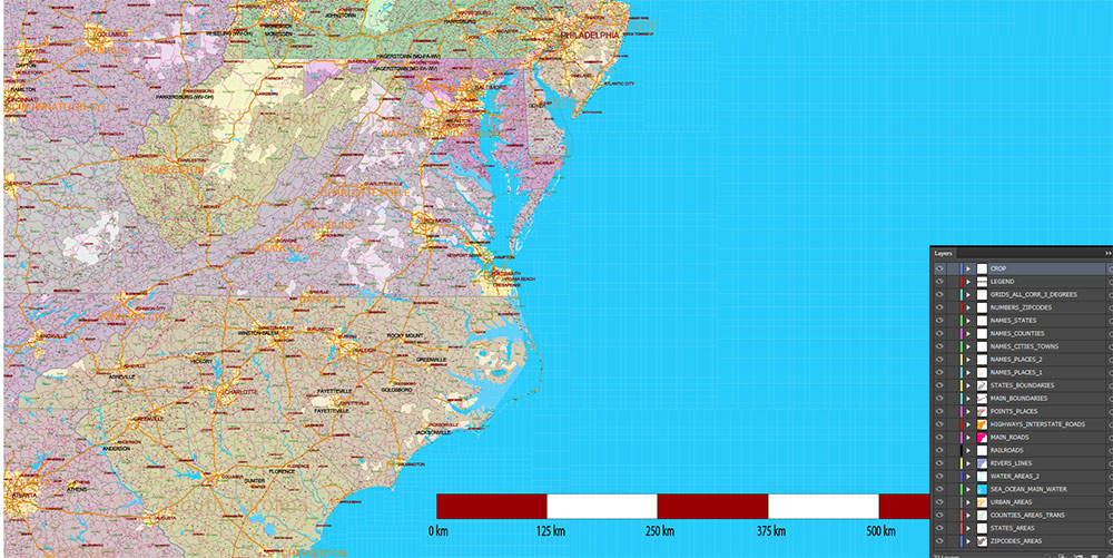 New England States US Map Vector Exact Extended High Detailed Road Map + Counties + zip-codes areas editable Adobe Illustrator in layers