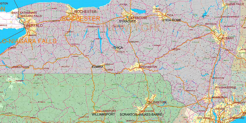 New England States US Map Vector Exact Extended High Detailed Road Map + Counties + zip-codes areas editable Adobe Illustrator in layers