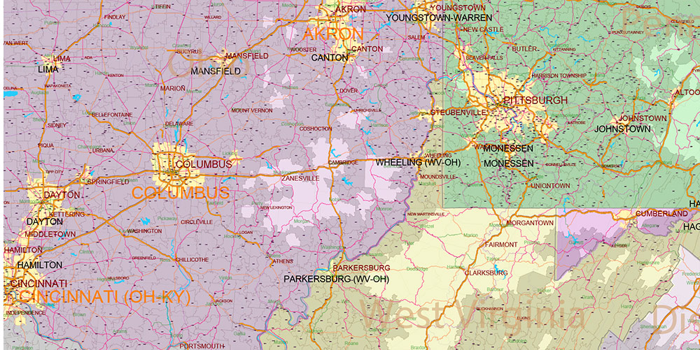 New England States US Map Vector Exact Extended High Detailed Road Map + Counties + zip-codes areas editable Adobe Illustrator in layers