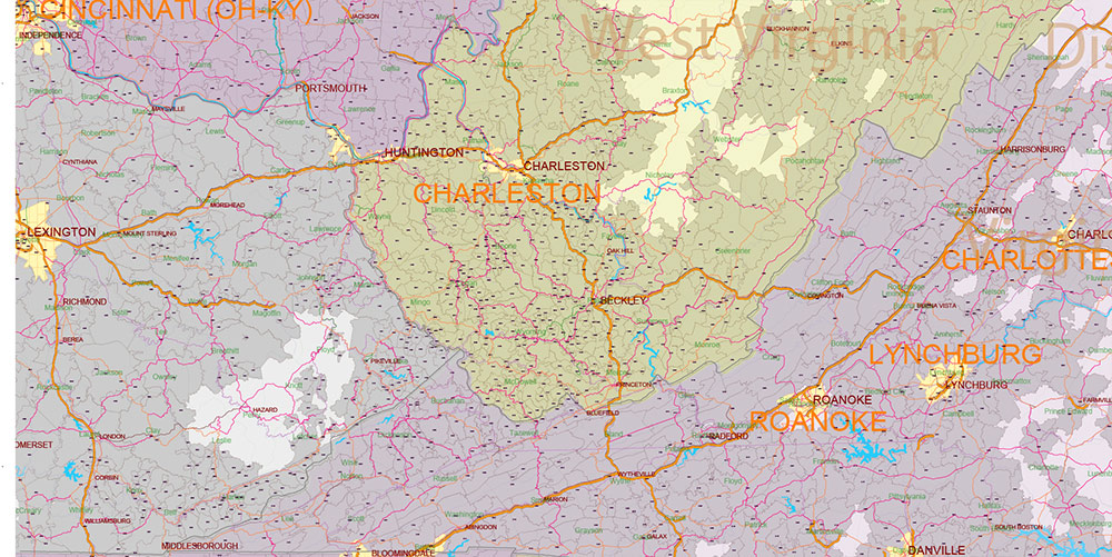 New England States US Map Vector Exact Extended High Detailed Road Map + Counties + zip-codes areas editable Adobe Illustrator in layers