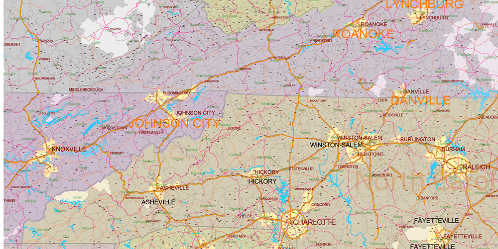 New England States US Map Vector Exact Extended High Detailed Road Map + Counties + zip-codes areas editable Adobe Illustrator in layers