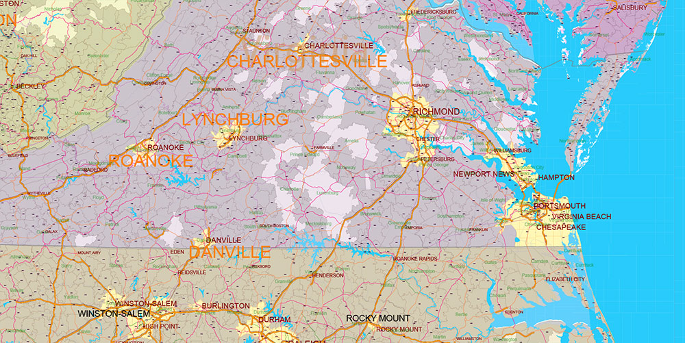 New England States US Map Vector Exact Extended High Detailed Road Map + Counties + zip-codes areas editable Adobe Illustrator in layers