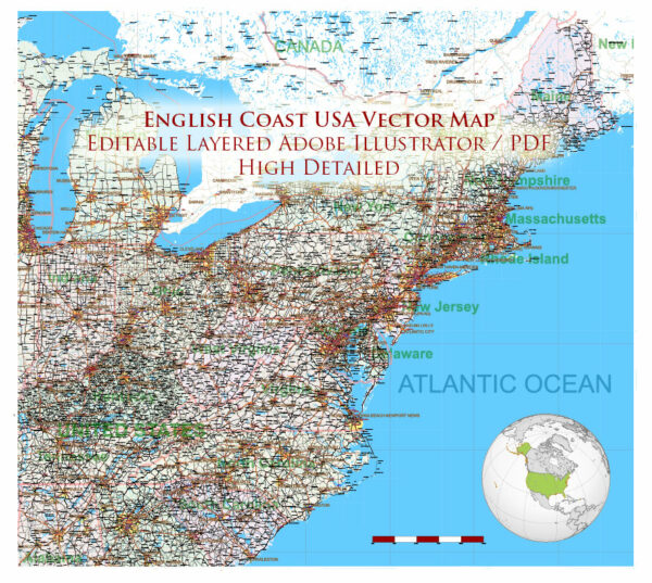 New England States US Map Vector Exact Extended High Detailed Road Map + Counties areas editable Adobe Illustrator in layers