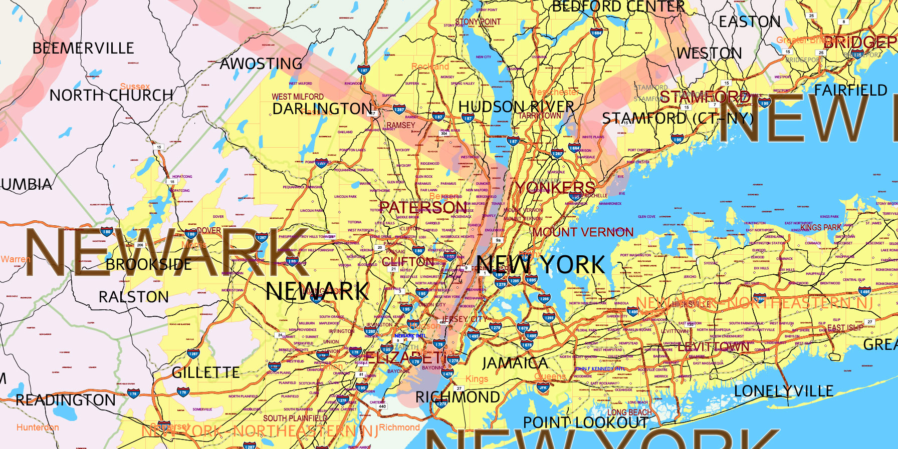 New England States US Map Vector Exact Extended High Detailed Road Map + Counties areas editable Adobe Illustrator in layers
