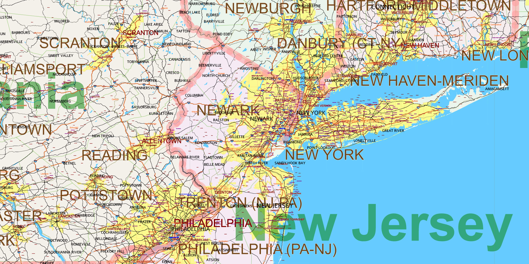 New England States US Map Vector Exact Extended High Detailed Road Map + Counties areas editable Adobe Illustrator in layers