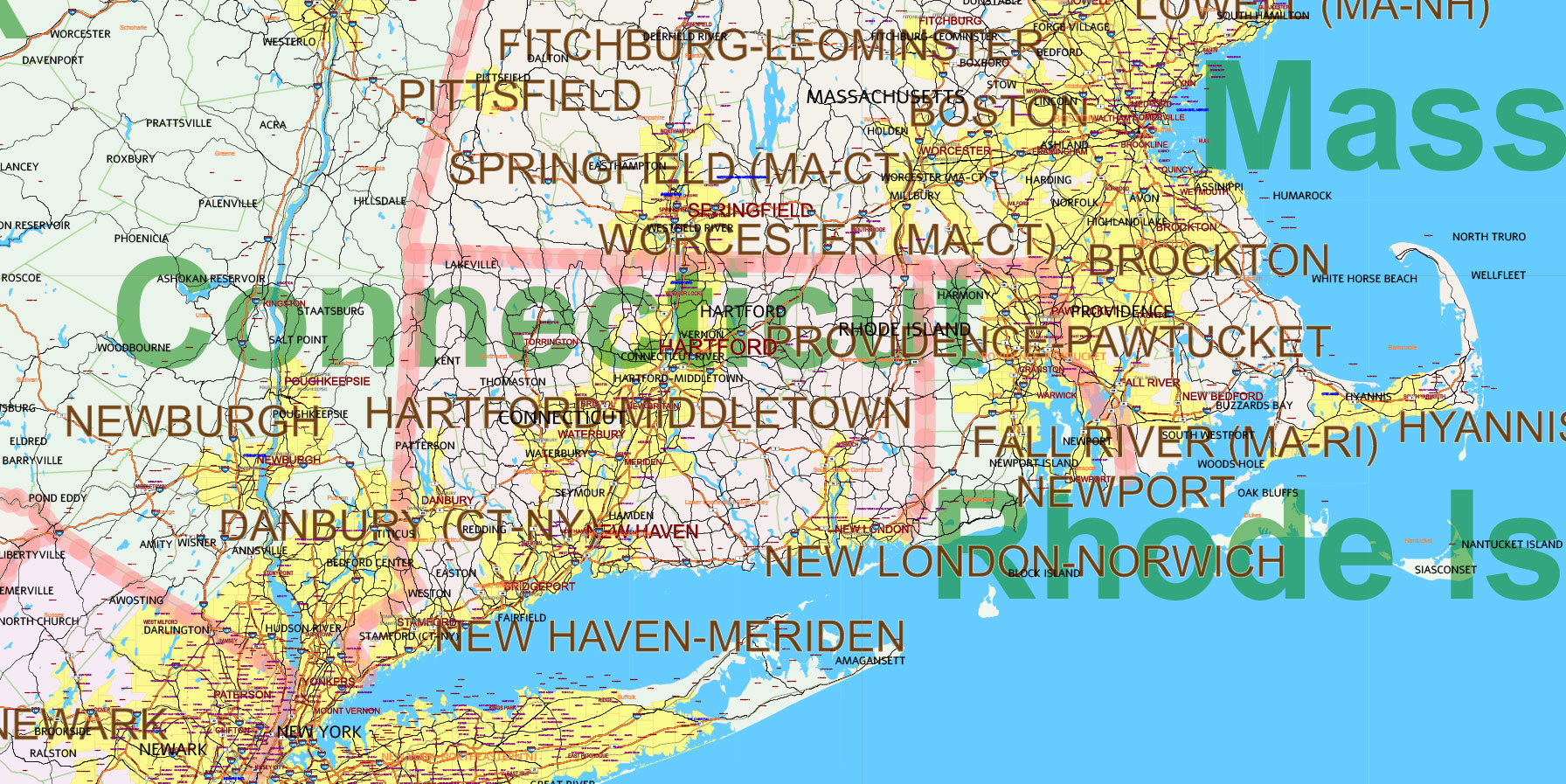 New England States US Map Vector Exact Extended High Detailed Road Map + Counties areas editable Adobe Illustrator in layers